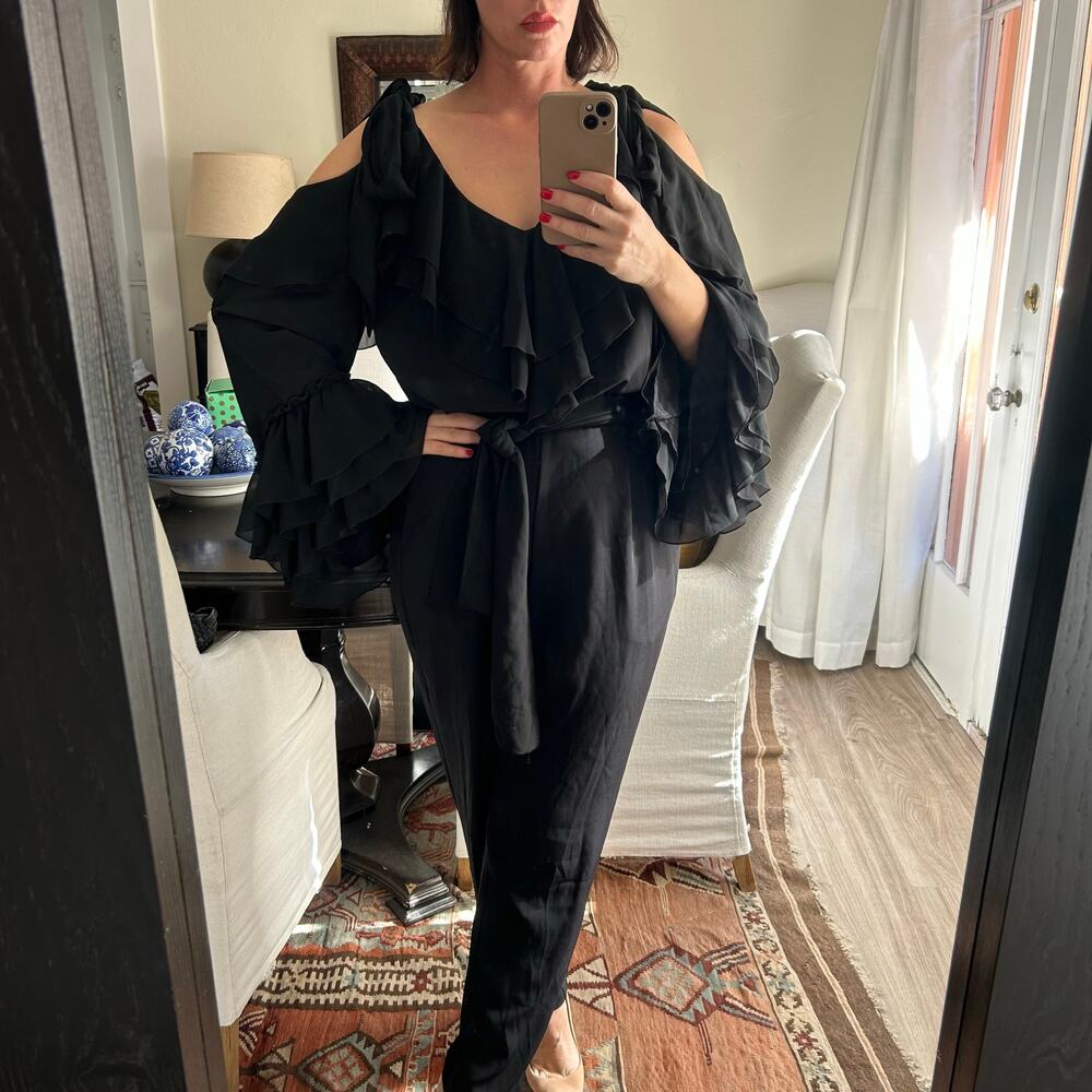Women’s black tie waist ruffle jumpsuit